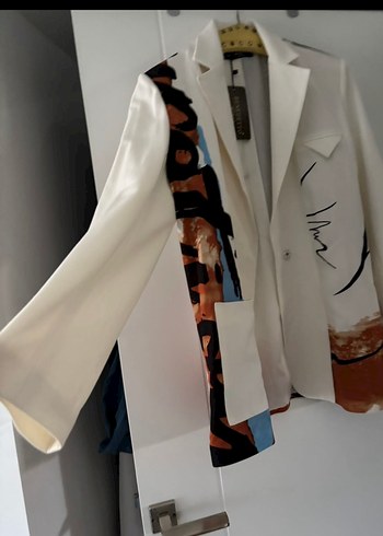 Baskılı Uzun Beyaz Kadın Blazer - Görsel 2