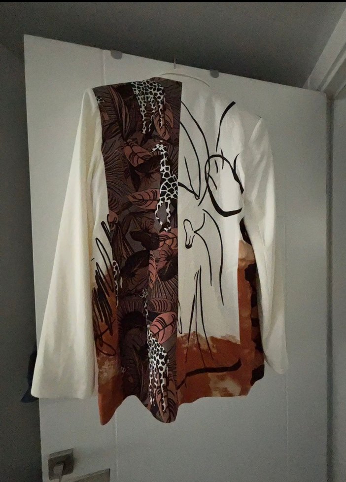 Baskılı Uzun Beyaz Kadın Blazer - Görsel 5