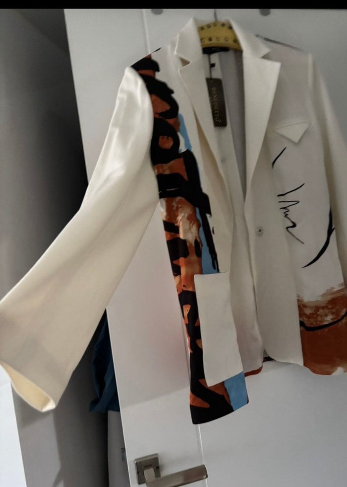 Baskılı Uzun Beyaz Kadın Blazer - Görsel 2