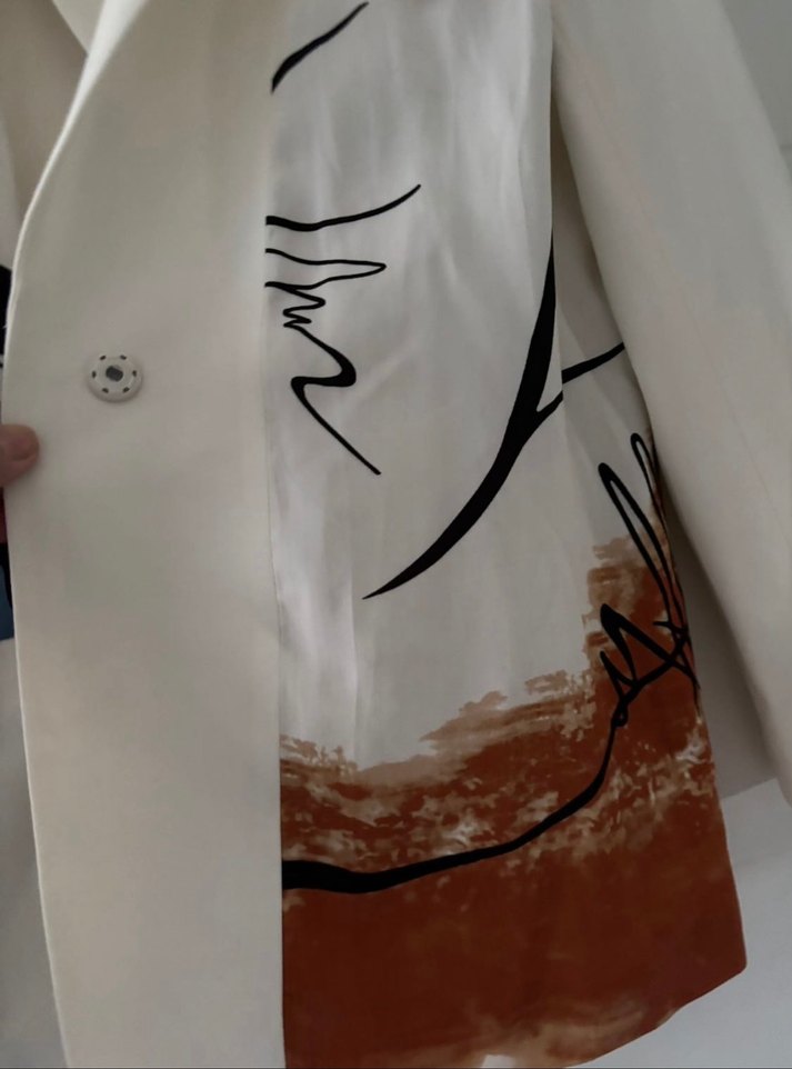 Baskılı Uzun Beyaz Kadın Blazer - Görsel 3