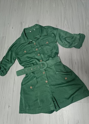 Düğmeli Yeşil Keten Kadın Mini Tulum - Görsel 2