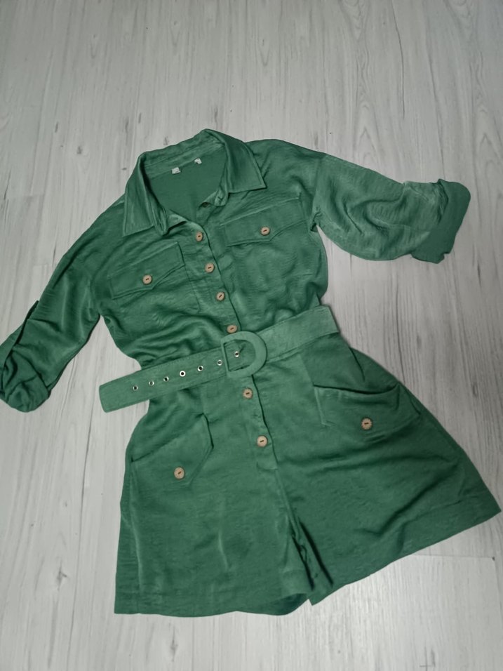 Düğmeli Yeşil Keten Kadın Mini Tulum - Görsel 2