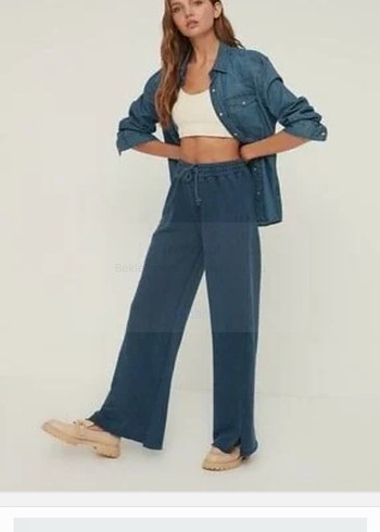 İndigo yıkamalı wide leg örme eşofman