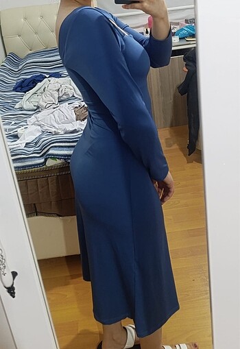 m Beden Mavi midi elbise