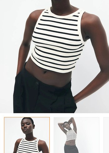Krem/Siyah Çizgili Kısa Crop Top
