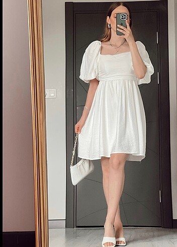 Balon kol beyaz keten elbise