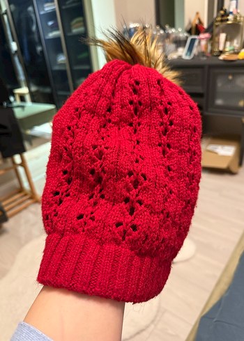 Kırmızı Örgü Kadın Bere - Görsel 3