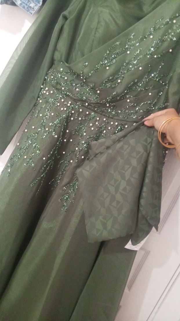 Uzun Kollu  Yakalı Kadın tesettur  Abiye Elbise sal dahil - Görsel 3