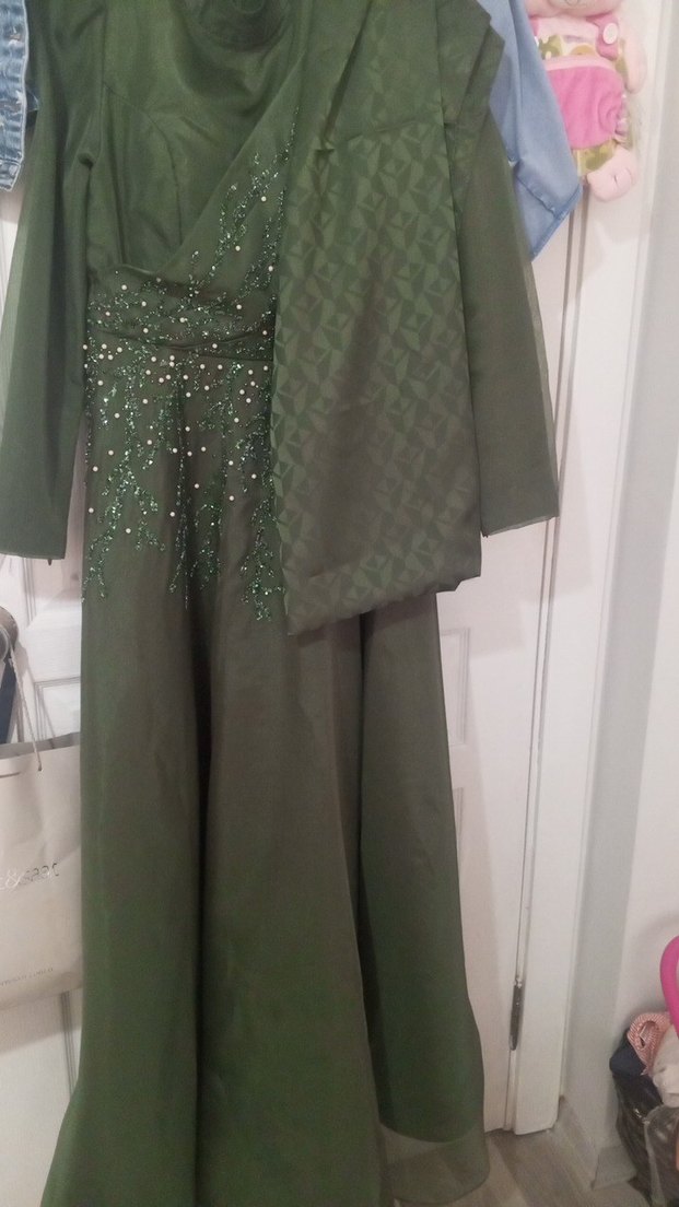 Uzun Kollu  Yakalı Kadın tesettur  Abiye Elbise sal dahil - Görsel 4