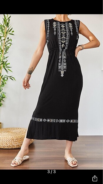 Kadın siyah etnik desen elbise