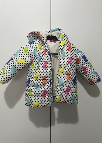 Ayıcık desenli Kapüşonlu Renkli Puantiyeli Kız Mont - Görsel 2