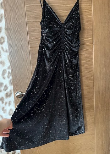 Siyah Drapeli Uzun V Yaka Abiye Elbise - Görsel 5