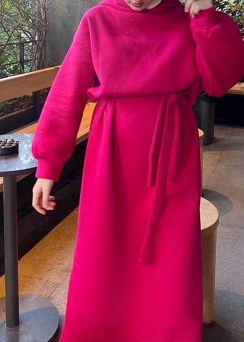 Pembe Uzun Sweat Elbise Yüksek Yakalı - Görsel 3