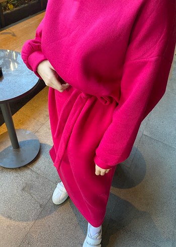 Pembe Uzun Sweat Elbise Yüksek Yakalı - Görsel 2