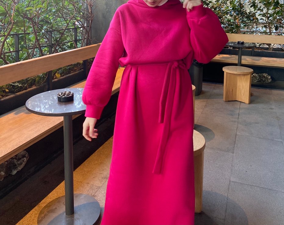 Pembe Uzun Sweat Elbise Yüksek Yakalı - Görsel 3