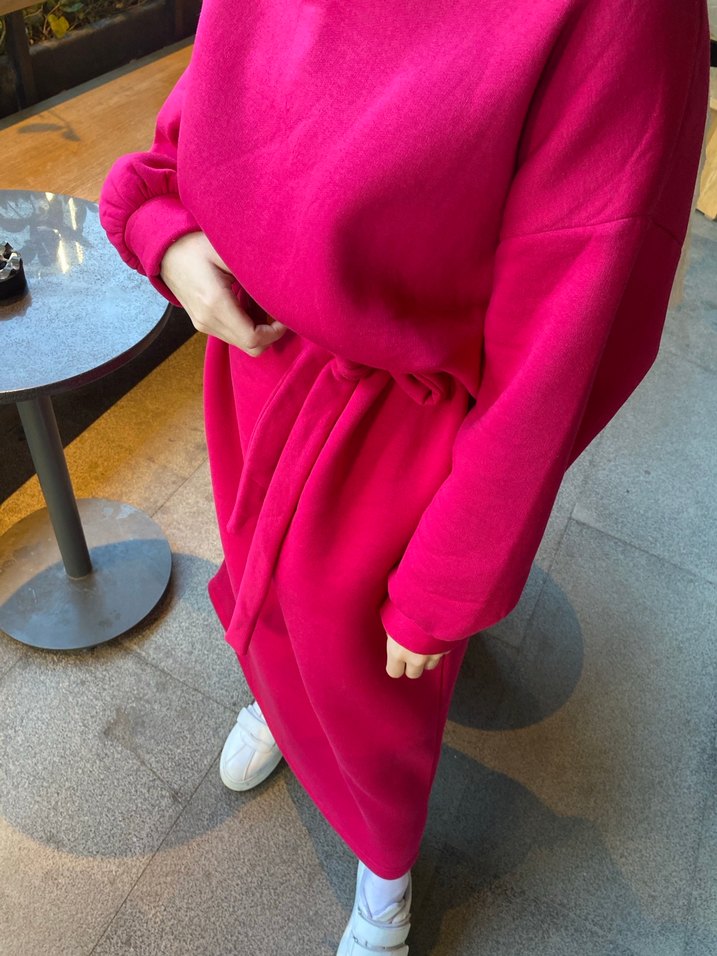 Pembe Uzun Sweat Elbise Yüksek Yakalı - Görsel 2