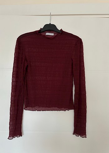 Bordo Örgü Detaylı Uzun Kollu Bluz