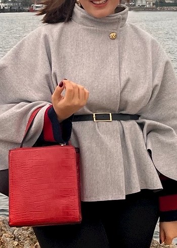 Gri Kemerli Mini Kadın Panço - Görsel 2