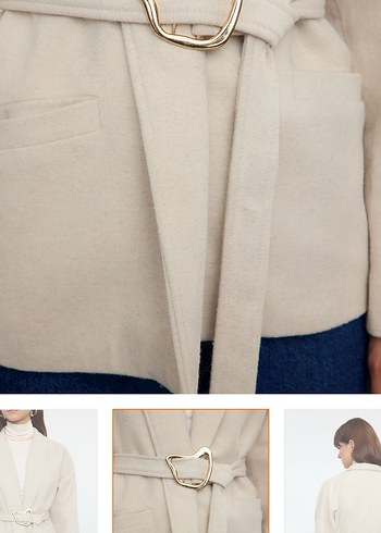 Bej Kemerli Midi Kadın Kaşe Kaban - Görsel 6