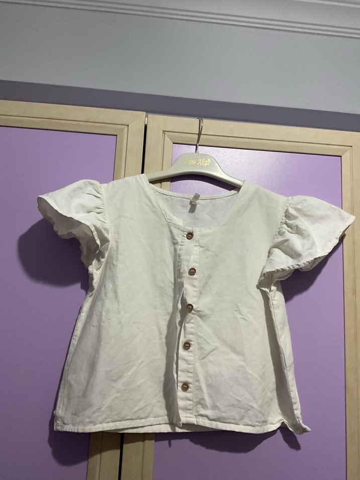 Kız Çocuk Beyaz Keten V Yaka Gömlek - Görsel 2