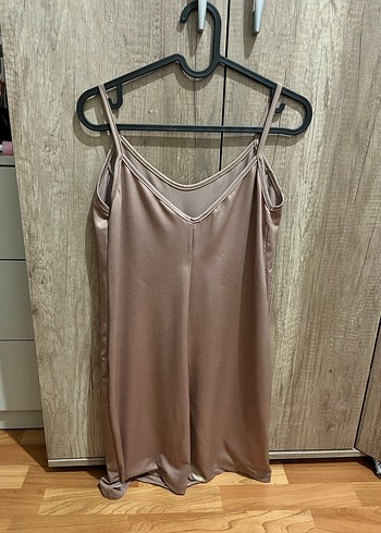 Bej Midi Saten İnce Askılı Elbise - Görsel 2