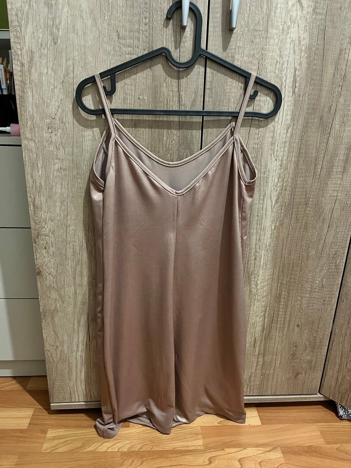 Bej Midi Saten İnce Askılı Elbise - Görsel 2