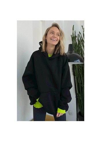 Diğer Siyah Kapüşonlu Oversize Kadın Sweatshirt