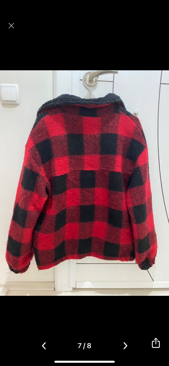 Kırmızı Siyah Ekose Kadın Peluş Ceket Bershka - Görsel 5