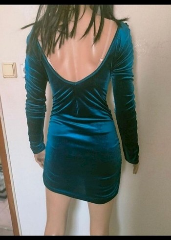 Uzun Kollu Lacivert Kadife Mini Elbise - Görsel 3