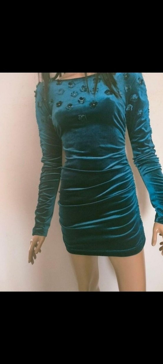 Uzun Kollu Lacivert Kadife Mini Elbise - Görsel 4