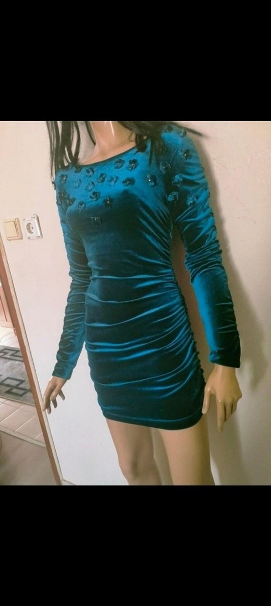 Uzun Kollu Lacivert Kadife Mini Elbise - Görsel 5