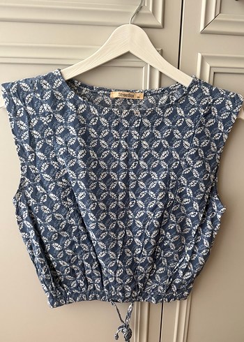 Diğer Düğmeli V Yaka Kolsuz Bohem Denim Bluz