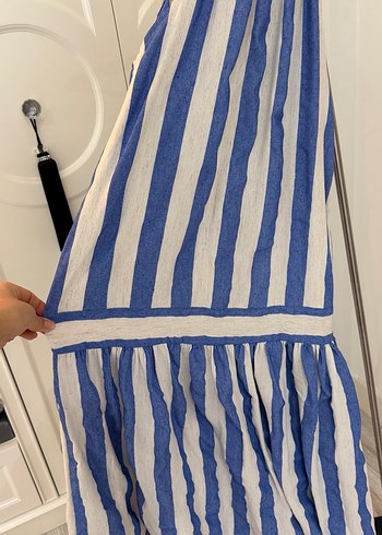 Mavi Çizgili Uzun Keten Elbise - Görsel 2