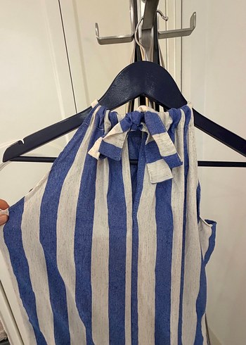 Mavi Çizgili Uzun Keten Elbise - Görsel 4