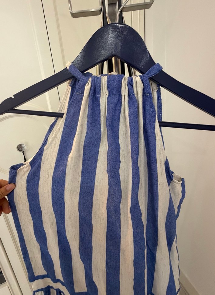 Mavi Çizgili Uzun Keten Elbise - Görsel 3