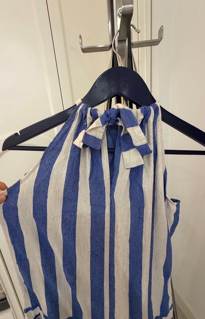 Mavi Çizgili Uzun Keten Elbise - Görsel 4