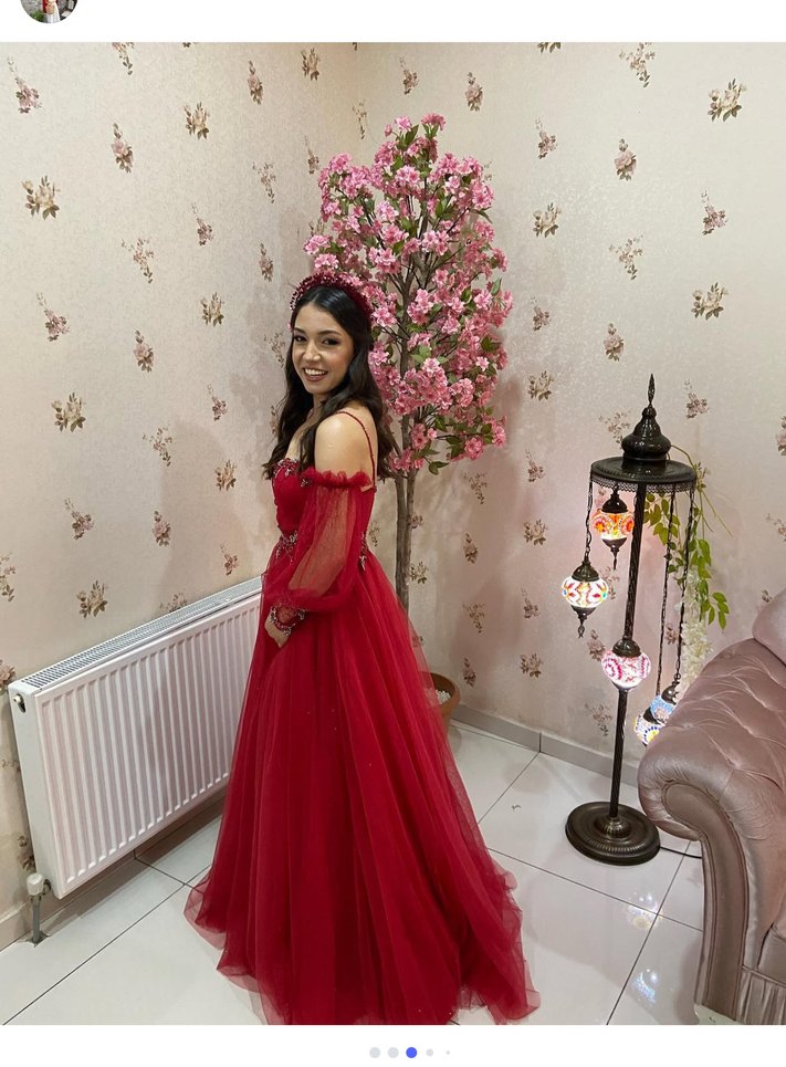 Bordo Drapeli İşlemeli Uzun Abiye Elbise - Görsel 2