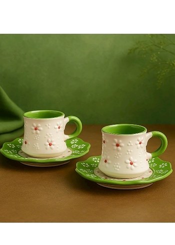 Yeşil Çiçek Desenli Fincan ve Tabak Seti - Görsel 2