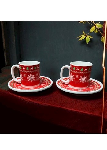 Porselen  Yılbaşı Temalı Fincan ve Tabak Seti - Görsel 4