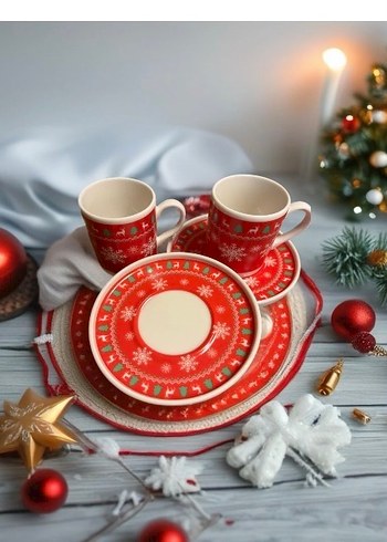 Porselen  Yılbaşı Temalı Fincan ve Tabak Seti - Görsel 3