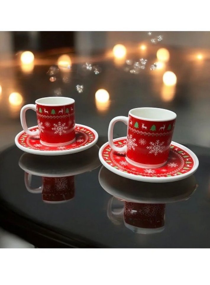 Porselen  Yılbaşı Temalı Fincan ve Tabak Seti - Görsel 2