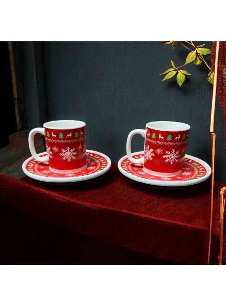 Porselen  Yılbaşı Temalı Fincan ve Tabak Seti - Görsel 4