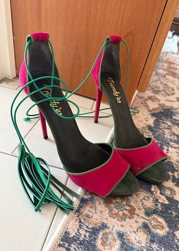 Renkli Süet Bağcıklı Stiletto Topuklu Kadın Ayakkabı - Görsel 3