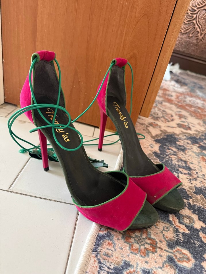 Renkli Süet Bağcıklı Stiletto Topuklu Kadın Ayakkabı - Görsel 2