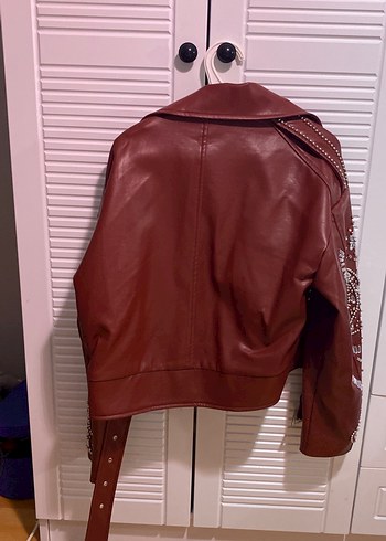 Bordo Nakışlı Kadın Deri Biker Ceket - Görsel 3