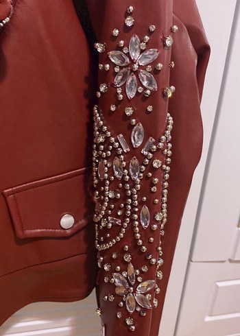 Bordo Nakışlı Kadın Deri Biker Ceket - Görsel 2