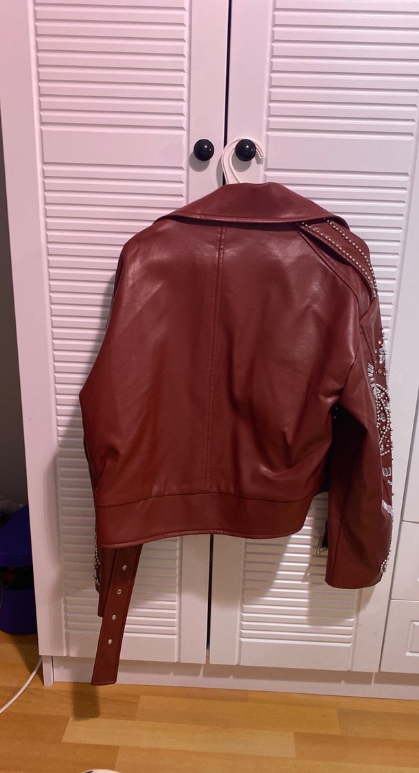 Bordo Nakışlı Kadın Deri Biker Ceket - Görsel 3