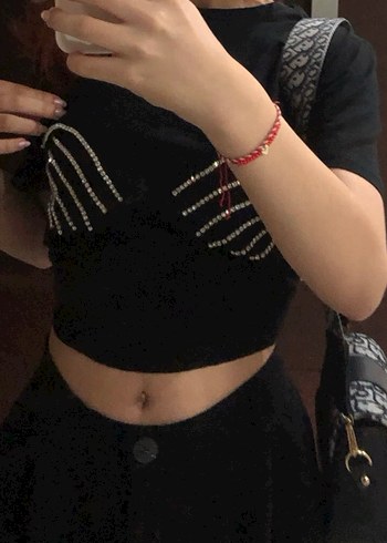 H&M Kadın Siyah boncuk İşlemeli Crop Top
