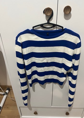 Mavi Beyaz Çizgili Kadın Triko Kazak - Görsel 3