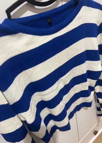 Mavi Beyaz Çizgili Kadın Triko Kazak - Görsel 2